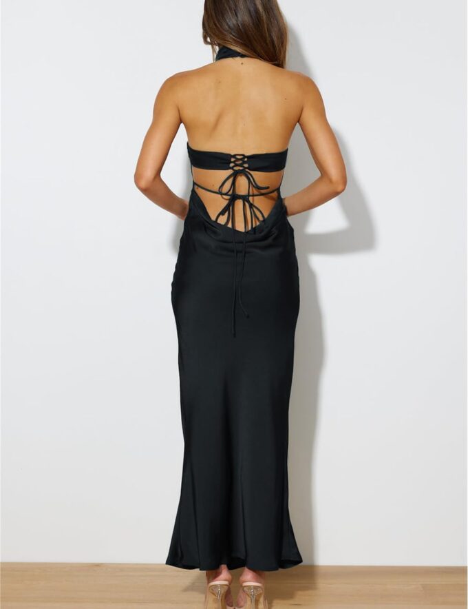 Phicia Sexy Satin Halter Neck Backless Maxi Dress for Women Elegant Tie Cowl Back Formal Wedding Guest Dress for Summer – Bild 2