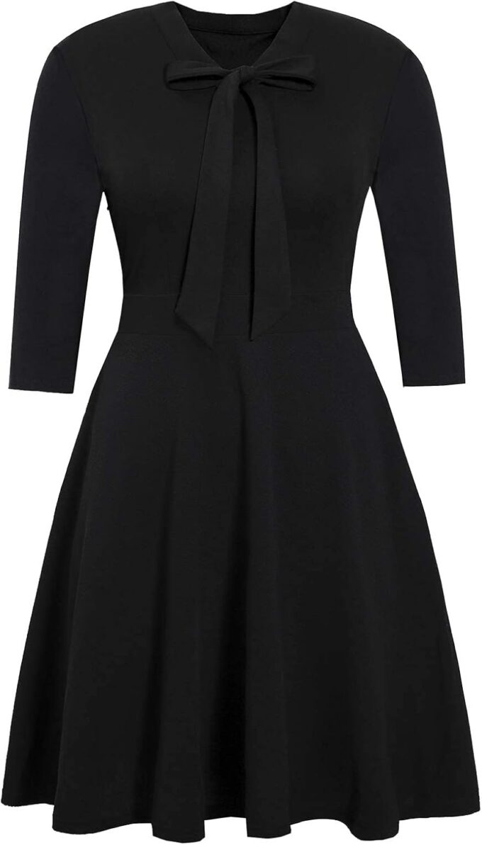 BEDOAR Damen Plus Size Kleid Vintage Fliege Hals Casual Business Arbeit Knielang A-Linie Kleider mit Taschen – Bild 3