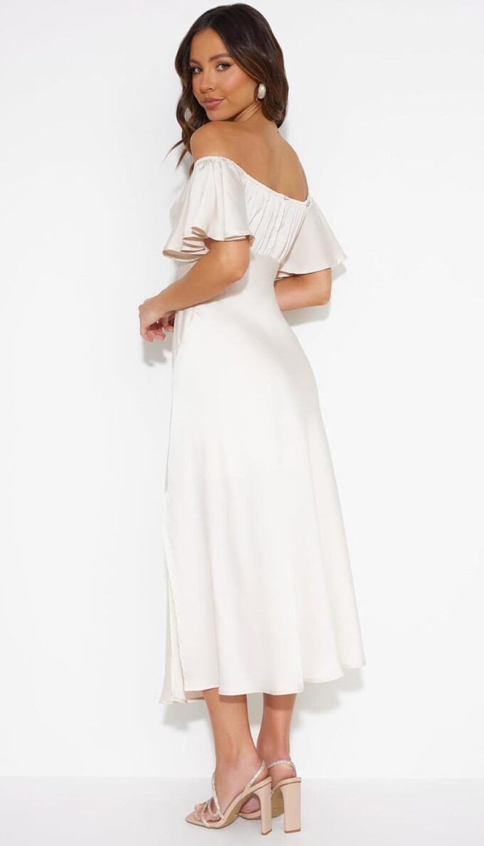2025 Summer Women's Satin Off Shoulder Formal Dress Wedding Guest Elegant Butterfly Sleeve Split Cocktail Prom Midi Dresses – Bild 4