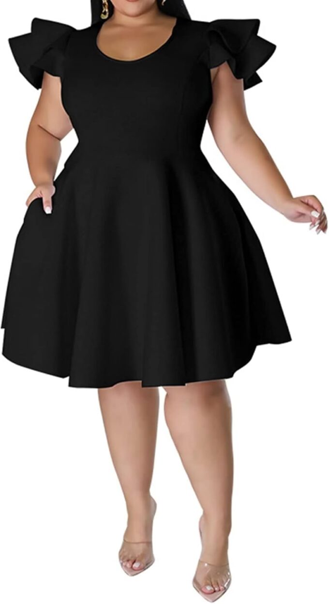 Women's Plus Size Cape Flutter Sleeve Stretchy A Line Swing Flared Skater Cocktail Party Dress with Pockets