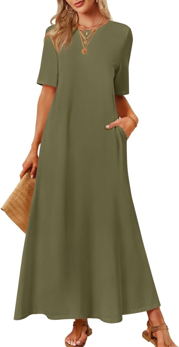MEROKEETY Women's 2025 Summer Casual Short Sleeve Maxi Dress Beach Vacation Crewneck Basic Long T Shirt Dresses