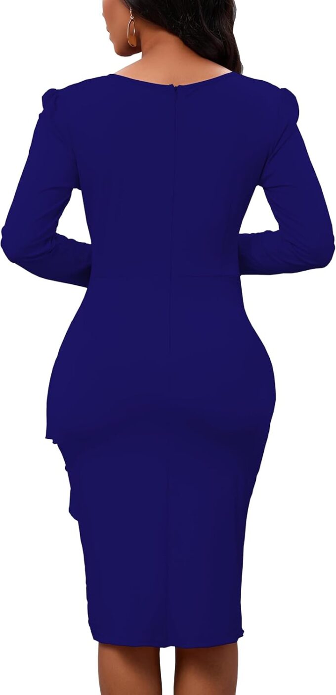 Damen Langarm Bodycon Kleid Rundhals Rüschen Wrap Wear to Work Kirche Midi Bleistiftkleid Elegant – Bild 6