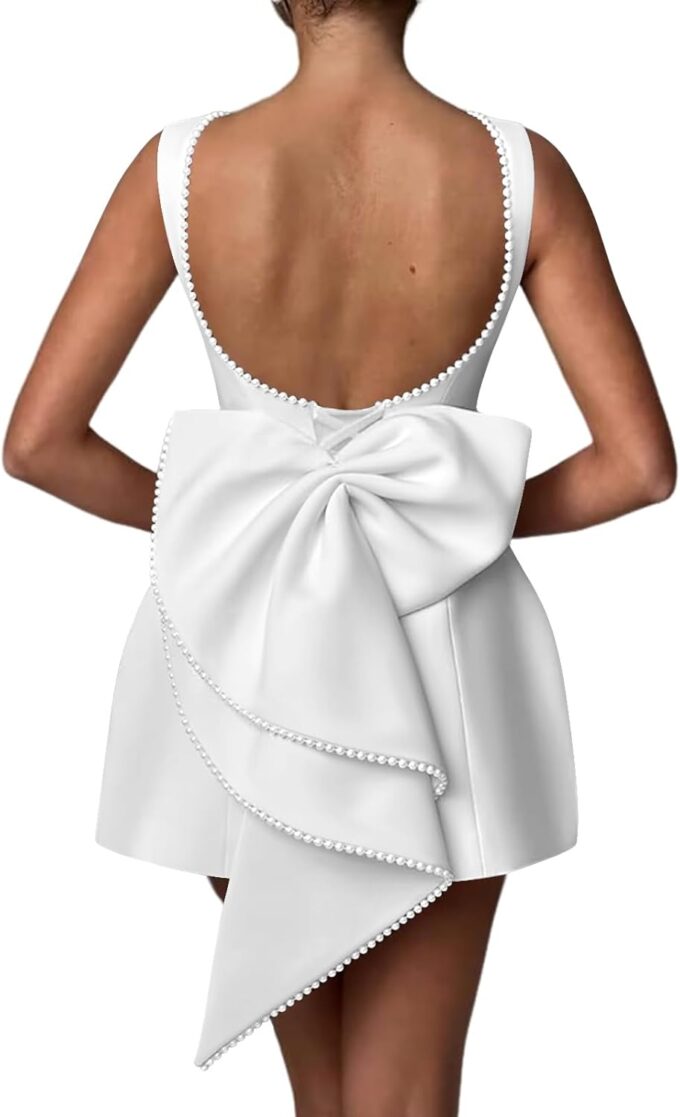 Mini Prom Dress Pearl Satin Evening Dress with Bow Backless Bodycon Formal Party Gowns AD045
