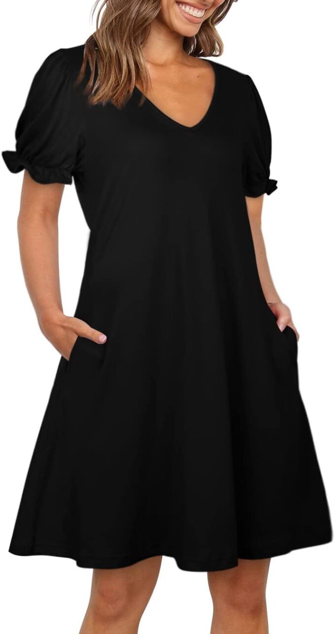 Aloodor Women's Casual Dresses Short Sleeve V-Neck Dress with Pockets – Bild 3
