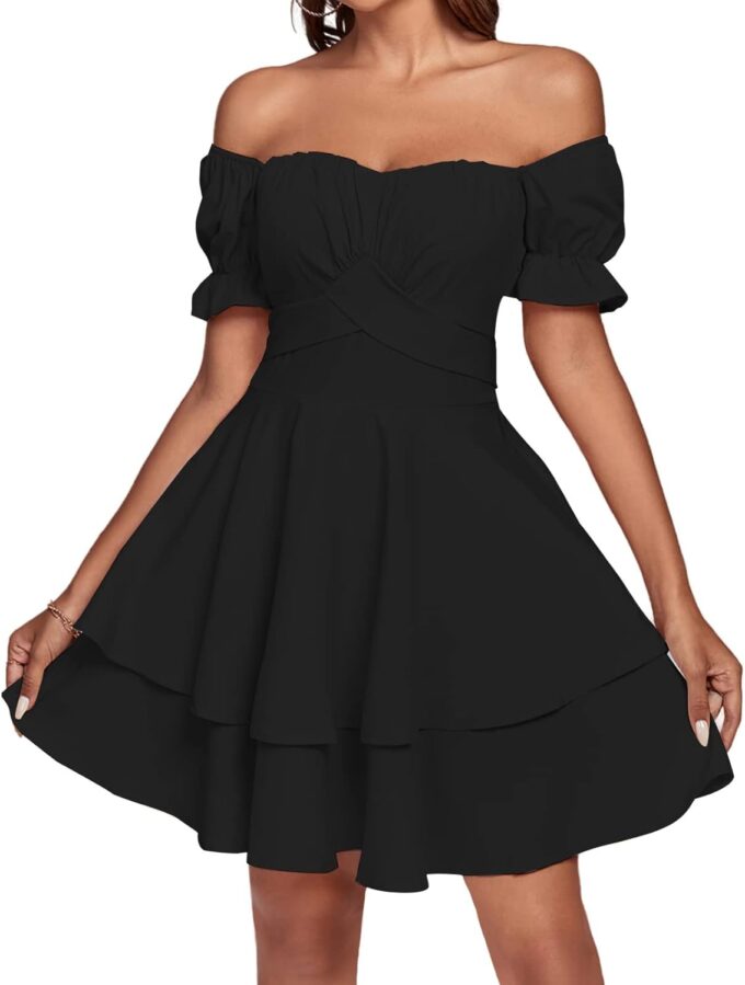 LYANER Women's Tie Back Off Shoulder Wrap Layer Ruffle Short Sleeve Mini Dress – Bild 5