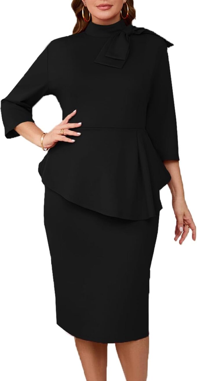 Kleid in Übergröße für kurvige Frauen, halbformell, Cocktail-Party, Midi-Kleid, figurbetont, langärmelig, Schleife, Rüschen, Bleistiftkleider