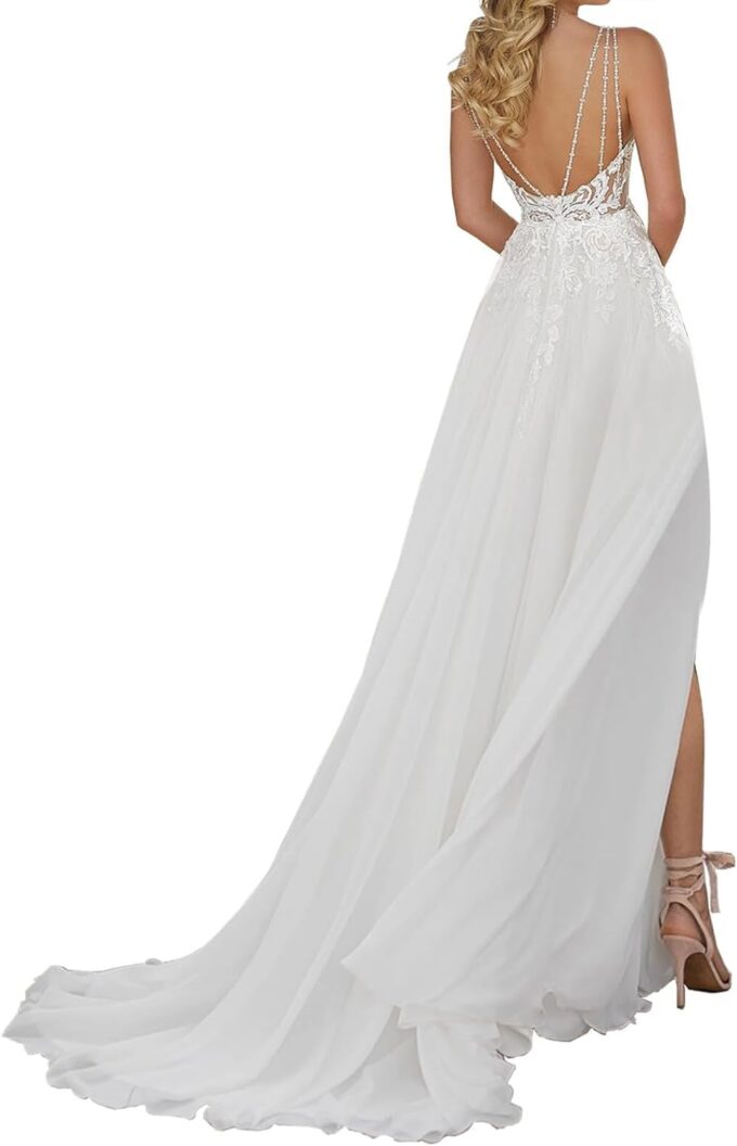 ZOOYYUE Boho Brautkleider V-Ausschnitt Spitze Hochzeitskleider Chiffon Lang Braut Standesamt Brautkleid – Bild 2