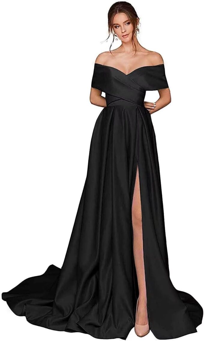 Damen Abschlusskleider Lang mit Taschen Off Shoulder Satin Ballkleider mit Korsett Schlitz A-Linie Formelle Party Abendkleid