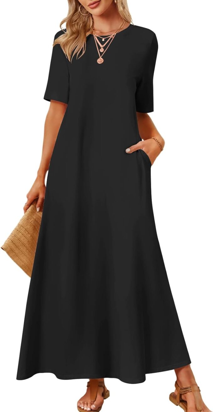 MEROKEETY Women's 2025 Summer Casual Maxi Dress Beach Vacation Short Sleeve Crewneck Basic Long T Shirt Dresses