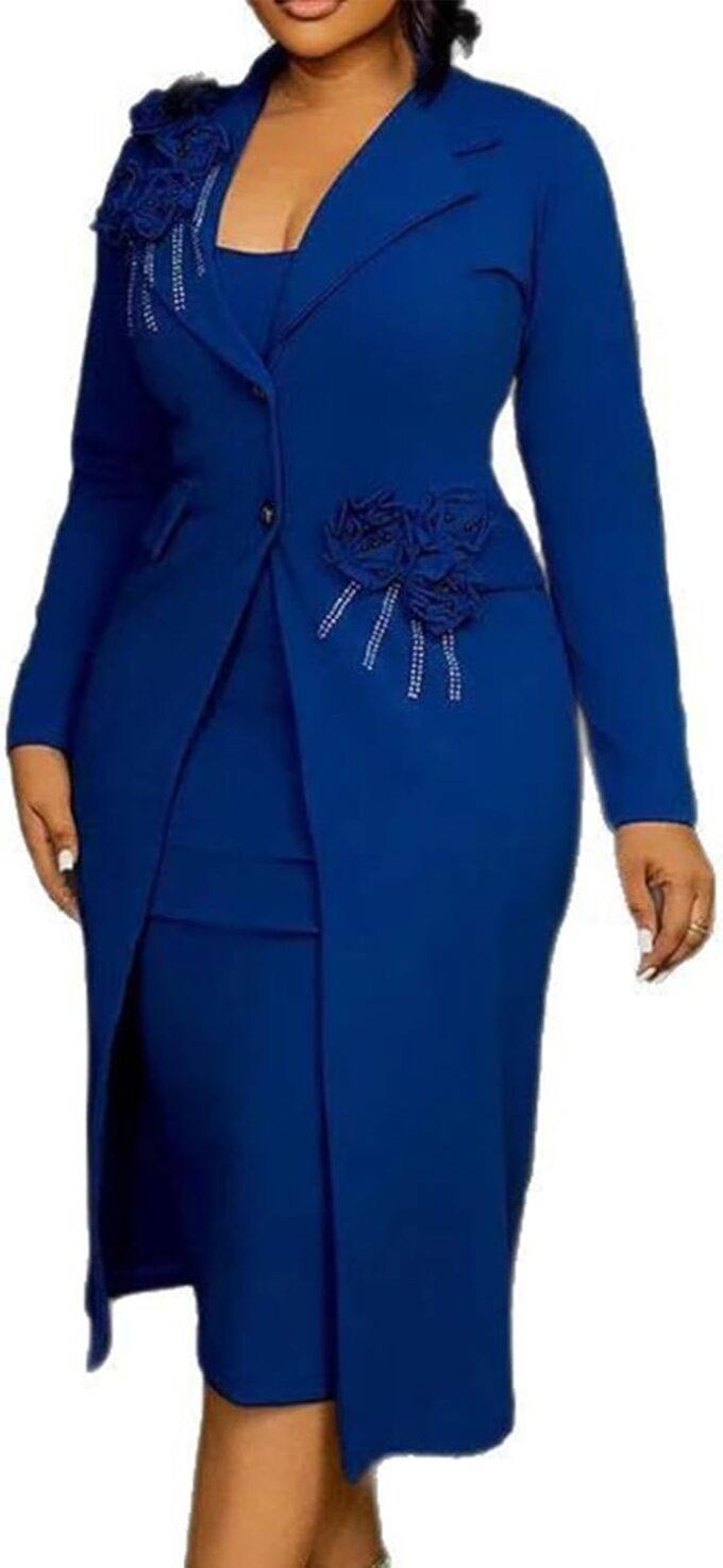 Molisry Damen 2 Stück Blazer Kleid Set Formal Strass 3D Blume Bodycon Midi Kleid mit Mantel Business Anzug Set