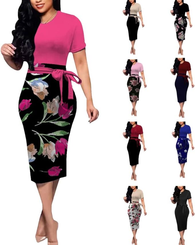 BOGURST Women Wave Short Sleeve Pencil Dress Fashion A-Line Bodycon Church Dresses – Bild 4