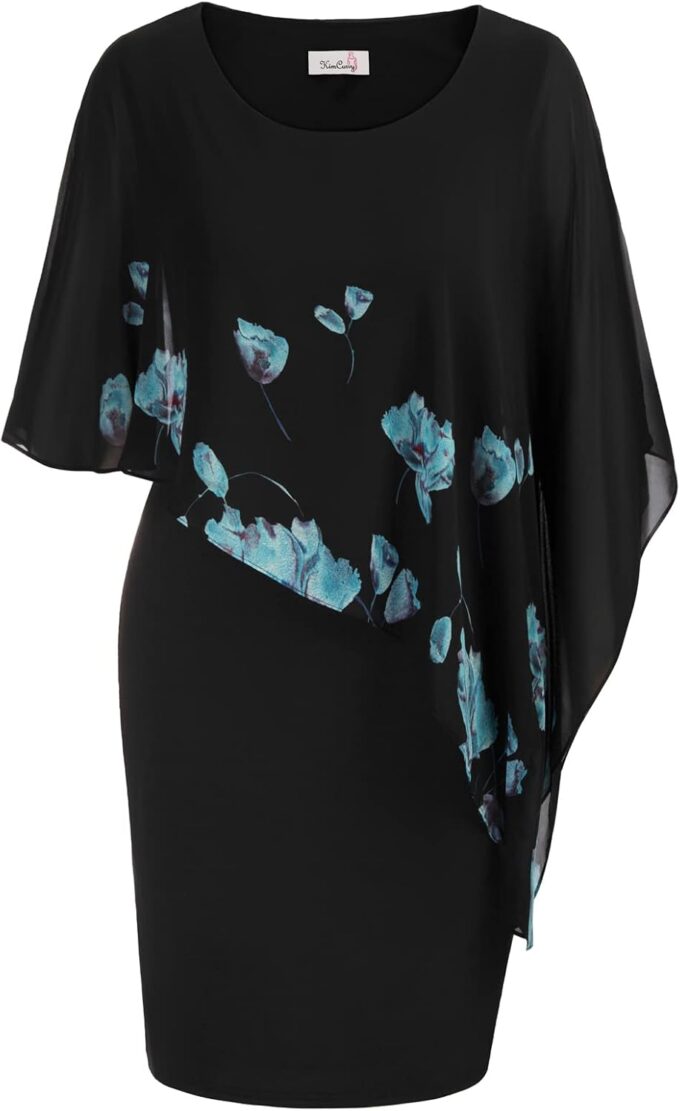 KIMCURVY Damen Große Größe Chiffon Cape Cocktailkleid mit Overlay Knielang Midikleid Bleistiftkleid Abendkleid
