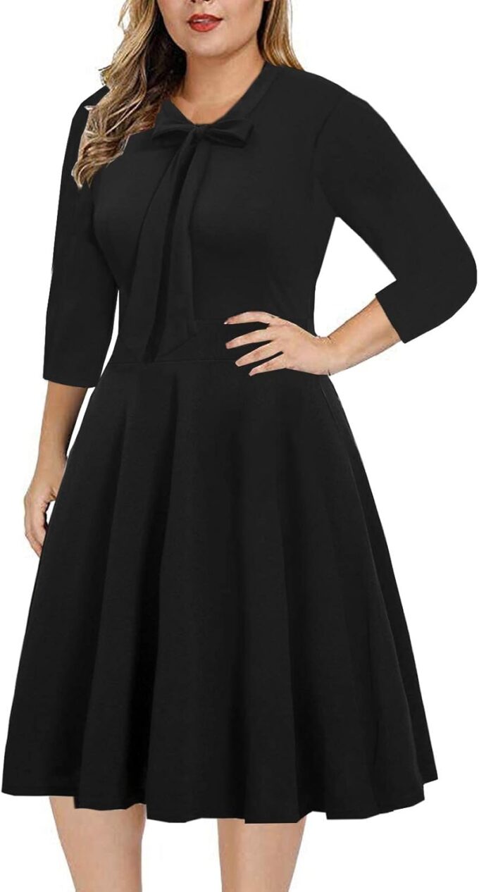 BEDOAR Damen Plus Size Kleid Vintage Fliege Hals Casual Business Arbeit Knielang A-Linie Kleider mit Taschen – Bild 2
