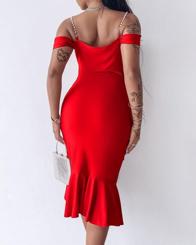 CHICME Womens Sexy Bodycon Party Dress Off The Shoulder Pearls Strap Midi Dress Ruffle Hem Cocktail Dresses – Bild 5