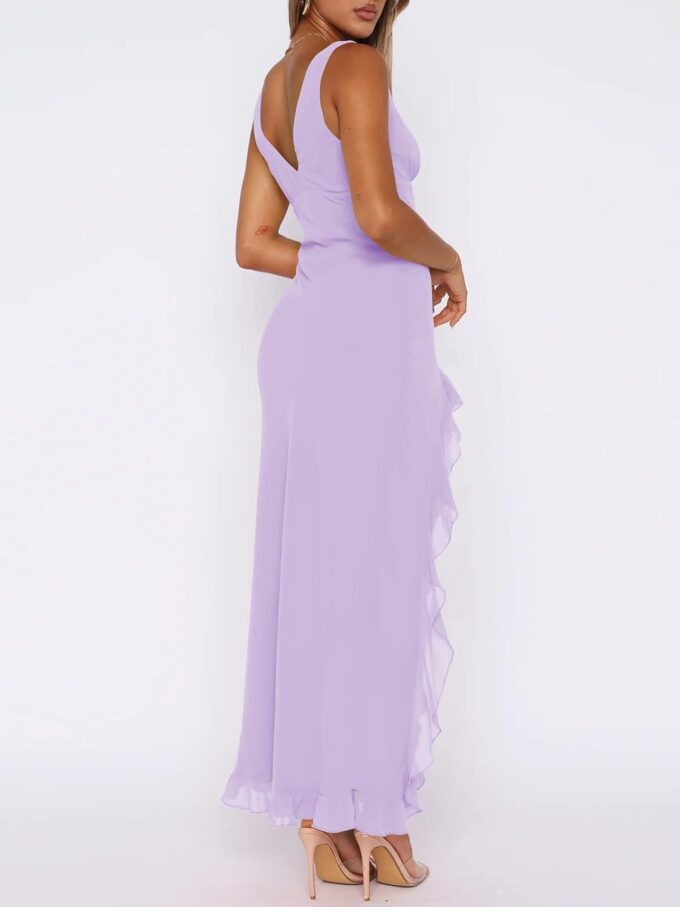 Women Sexy V Neck Sleeveless Mesh Ruffle Hem Bodycon Maxi Dress Backless High Slit Cocktail Party Club Dress – Bild 2