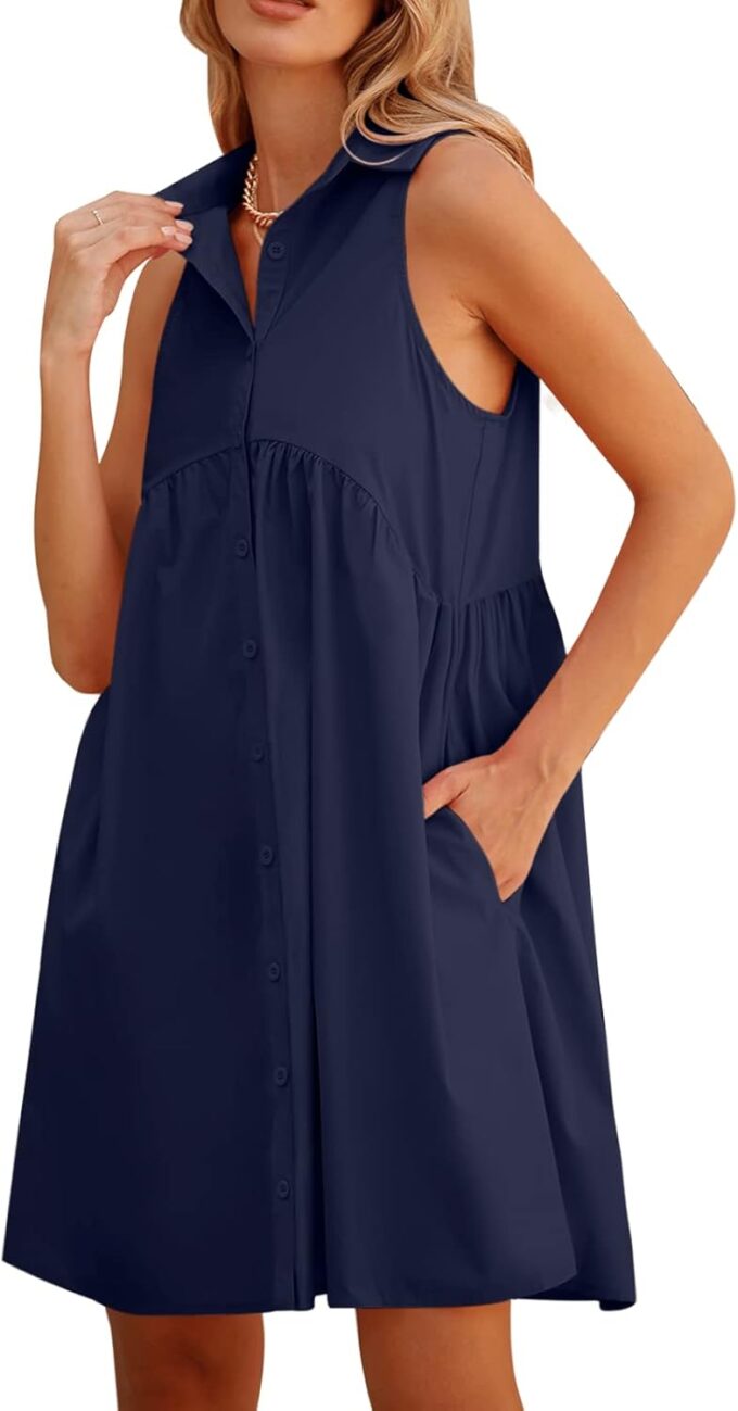 DEEP SELF Women Summer Collared Shirt Dress Casual Loose Button Down Short Dress V Neck Tunic Mini Dress with Pockets