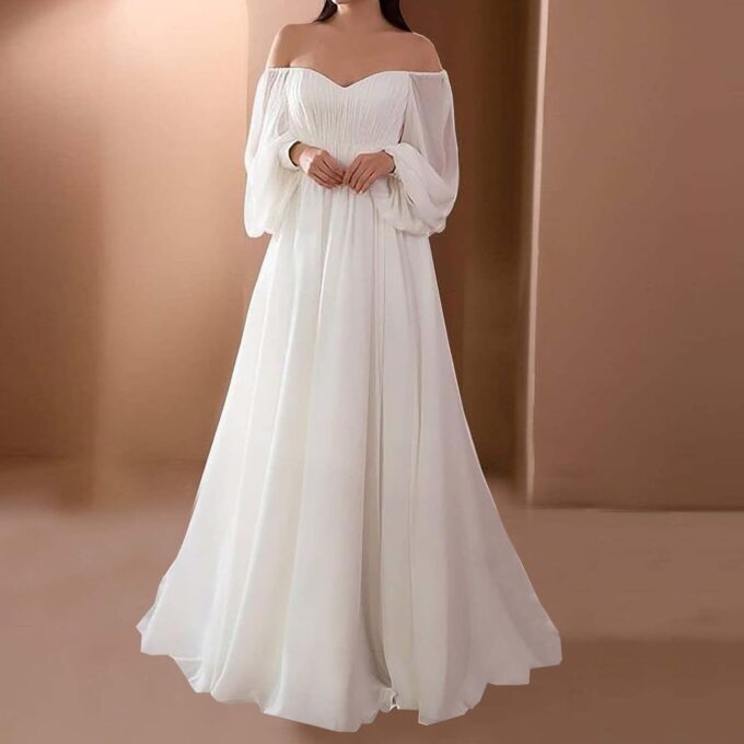 Hochzeitskleid Damen Elegant Langes WeißEs Brautkleider TräGerloses Sexy Puffy Langarm Mesh Floor Length Dress Brautjungfernkleider Off Shoulder Solide Slim Bodenlanges Kleid Dresses for Women – Bild 5