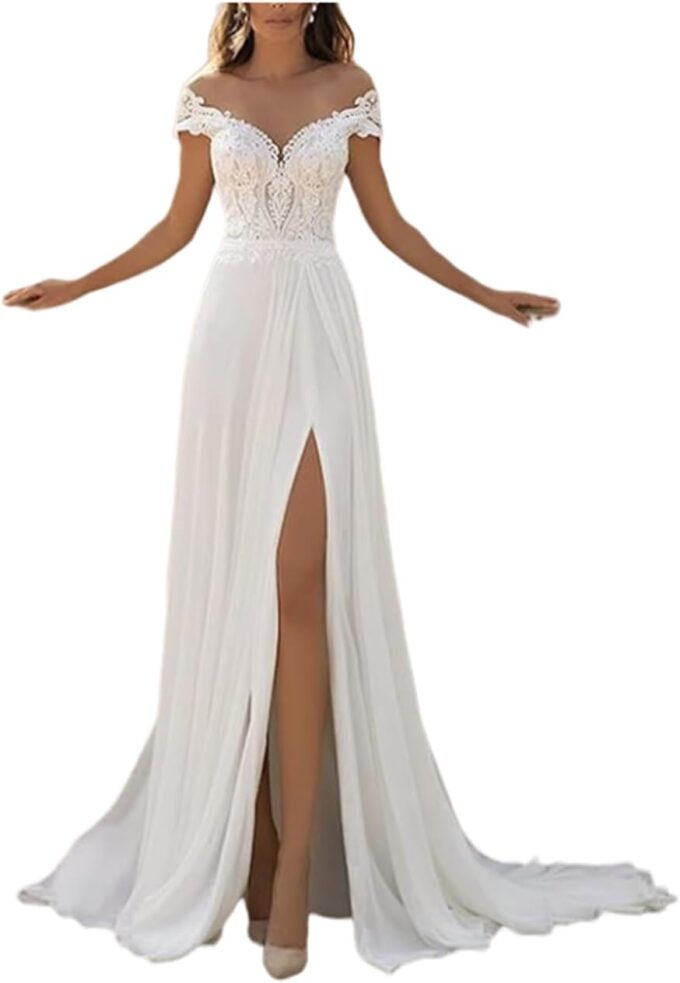 Hochzeitskleider für Eine Linie von Schulter Sexy v Hals High Slit Empire Taille Tüll Spitzenapplikation Plus Größe Brautkleid Weiß Plus 46, ESBANT