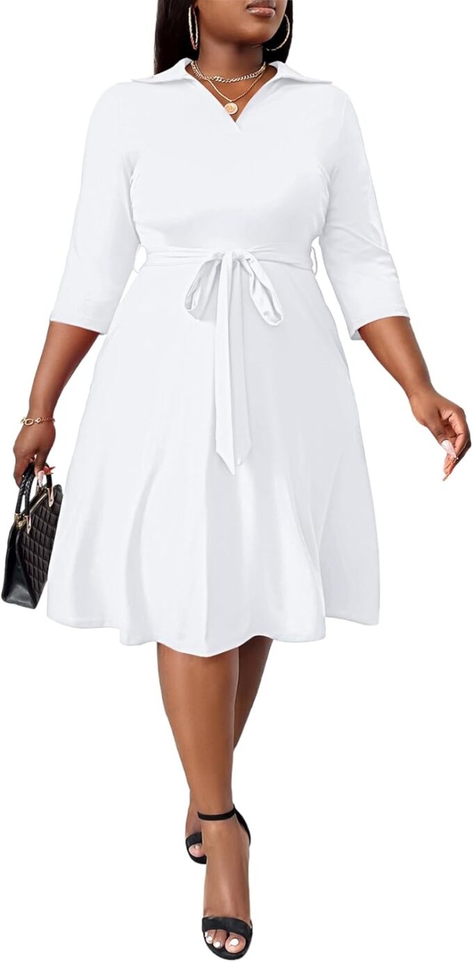 FANDEE Plus Size Midi Dress for Women - Printing Summer Dresses for Wedding Guest Cocktail Party 3/4 Sleeve V Neck（XL-5XL） – Bild 2