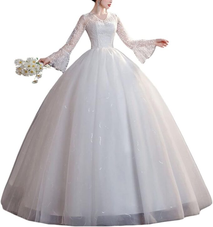 Damen A Linie Prinzessin Tüll Spitze Hochzeitskleider Lange Formale Brautkleider Langarm Spitzenstickerei V-Ausschnitt Vintage Lang Prinzessin Abendkleid