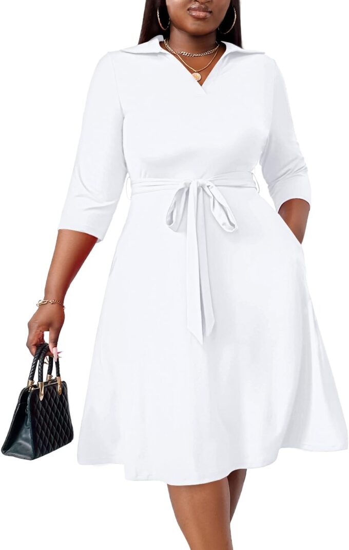 FANDEE Plus Size Midi Dress for Women - Printing Summer Dresses for Wedding Guest Cocktail Party 3/4 Sleeve V Neck（XL-5XL）