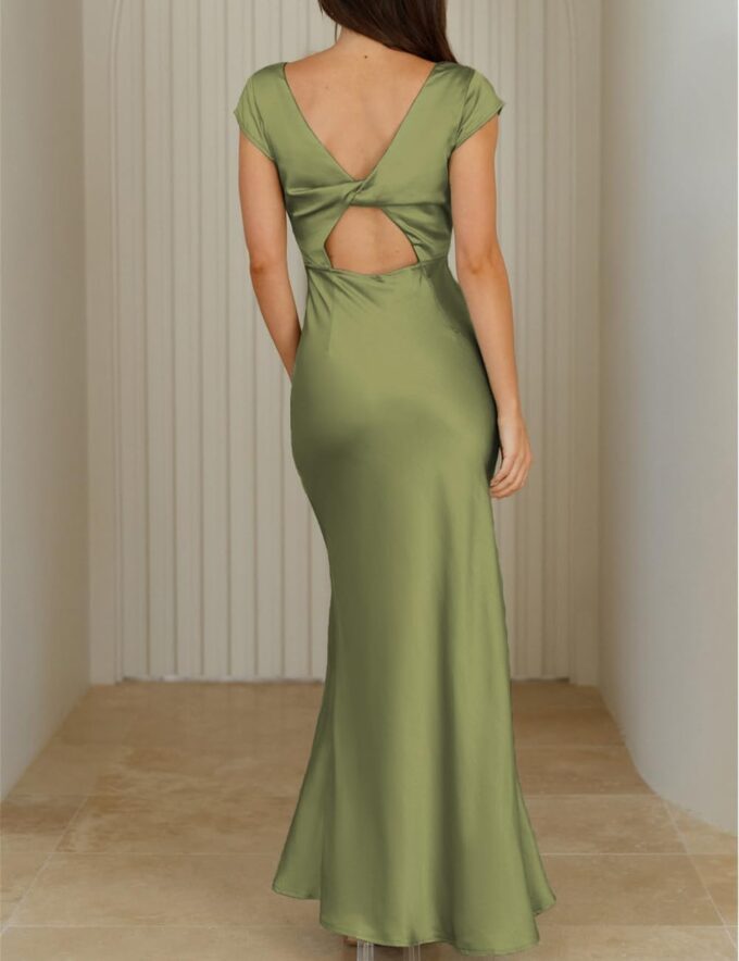 Halfisland Womens Summer Satin V Neck Cap Sleeve Backless Maxi Dress Elegant Twist Cut Out Midi Dresses Wedding Guest – Bild 2