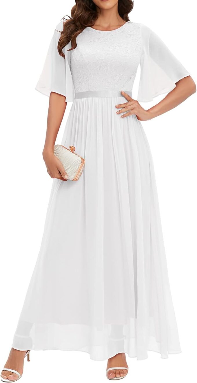 Bbonlinedress Abendkleider elegant für Hochzeit Spitzen Chiffon Ärmel Kleid festliches Brautjunferkleid Maxi Bridesmaid Dress Partykleid Abschlusskleid lang Ballkleid
