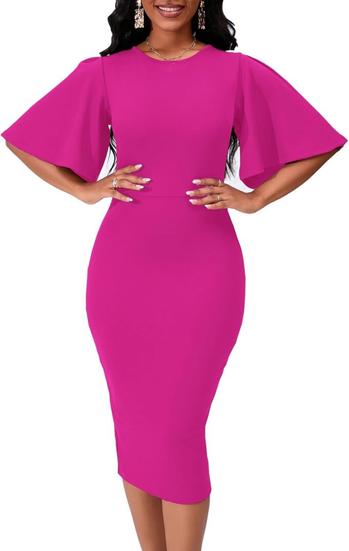 Damen Basic Bodycon Rüschen Ausgestelltes Kurzarm Bleistift Midi Kleid