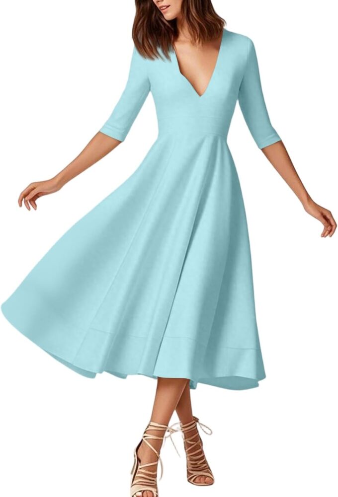 Sommerkleider Damen Mode Mid Sleeve Mid Länge Kleid Solid Color Sexy V Ausschnitt Kleid – Bild 3
