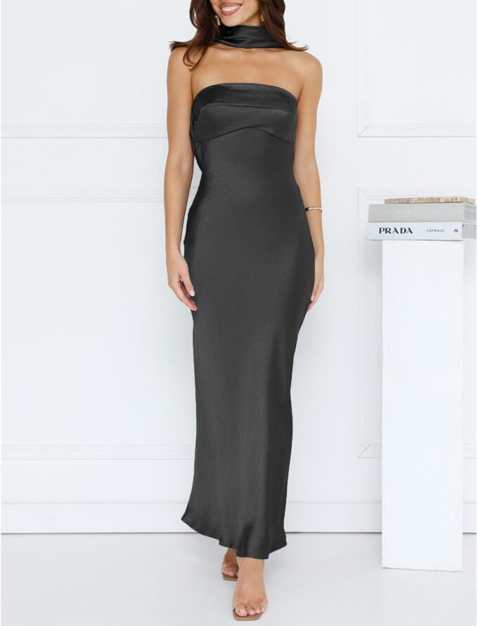 Women's Summer Satin Strapless Tube Top Maxi Dress Elegant Silk Backless Halter Neck Formal Party Dresses Wedding Guest – Bild 4