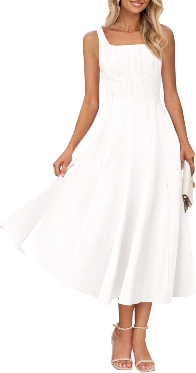 MEROKEETY Women's 2025 Summer Sleeveless Midi Dress Square Neck Smocked Flowy A Line Beach Dresses