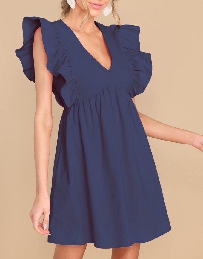 FANCYINN Women's Summer Casual Babydoll Mini Dress Ruffle Sleeveless Deep V Neck High Waist Swing Tunic Dress with Pockets – Bild 2
