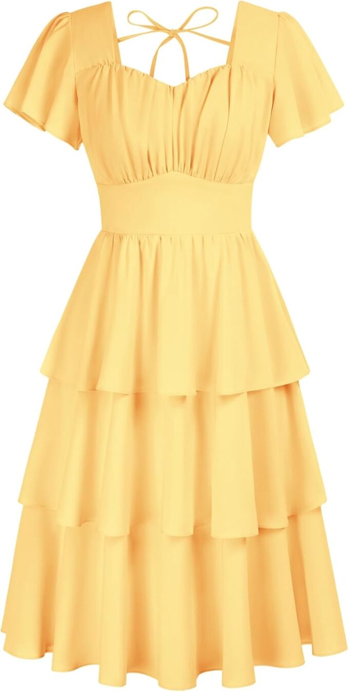 Belle Poque Women's Square Neck Tiered Ruffle Dress 2025 Summer Vintage Short Sleeve Layered A-line Swing Midi Dress