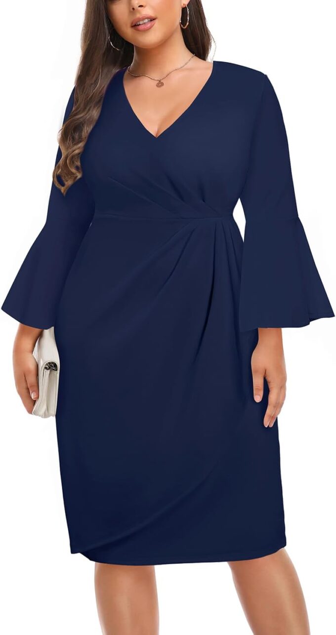Talisea Damenkleid in Übergröße, halbformell, für Hochzeit, Gast, Kirche, Büro, Interview, V-Ausschnitt, Glockenärmel