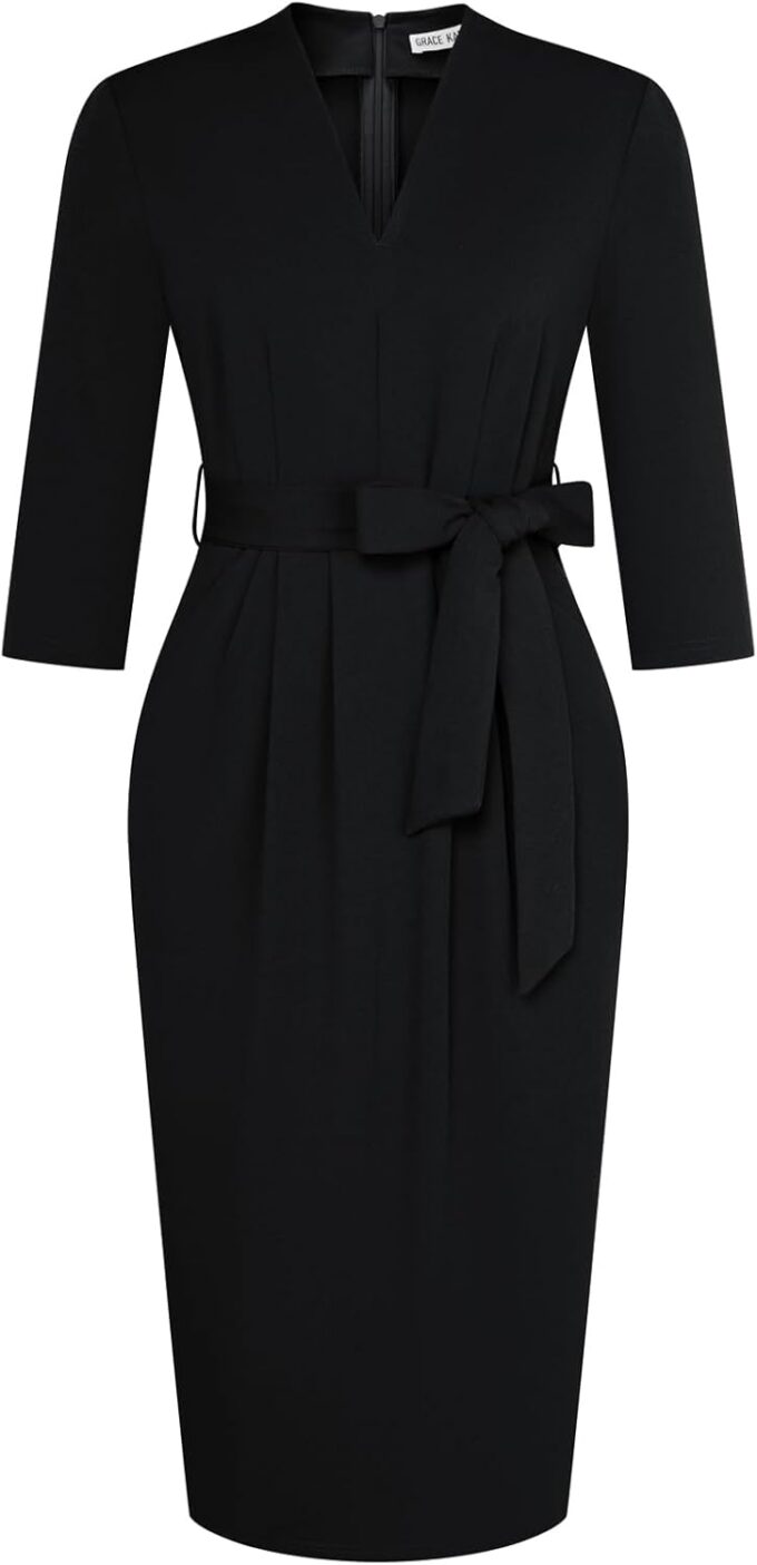 GRACE KARIN Womens Work Dresses V Neck 3/4 Sleeve Back Zipper Tie Waist Bodycon Dress Office Cocktail Dress with Pockets