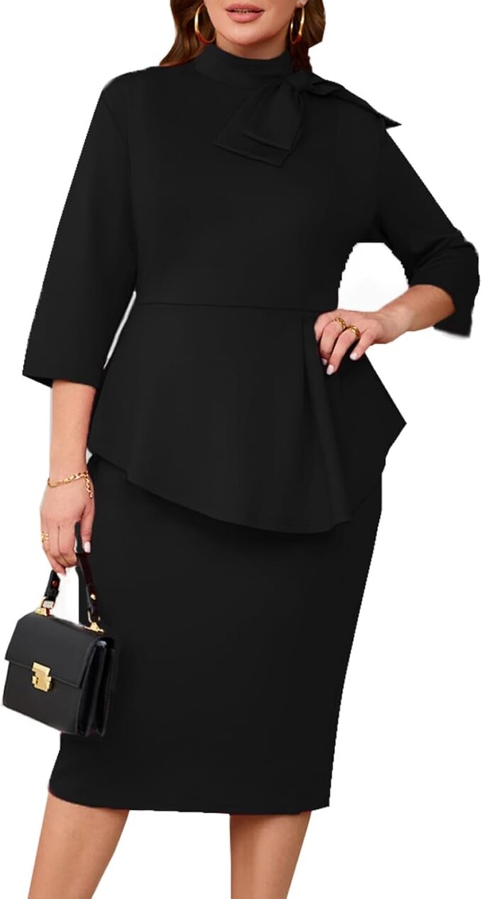 Kleid in Übergröße für kurvige Frauen, halbformell, Cocktail-Party, Midi-Kleid, figurbetont, langärmelig, Schleife, Rüschen, Bleistiftkleider – Bild 6