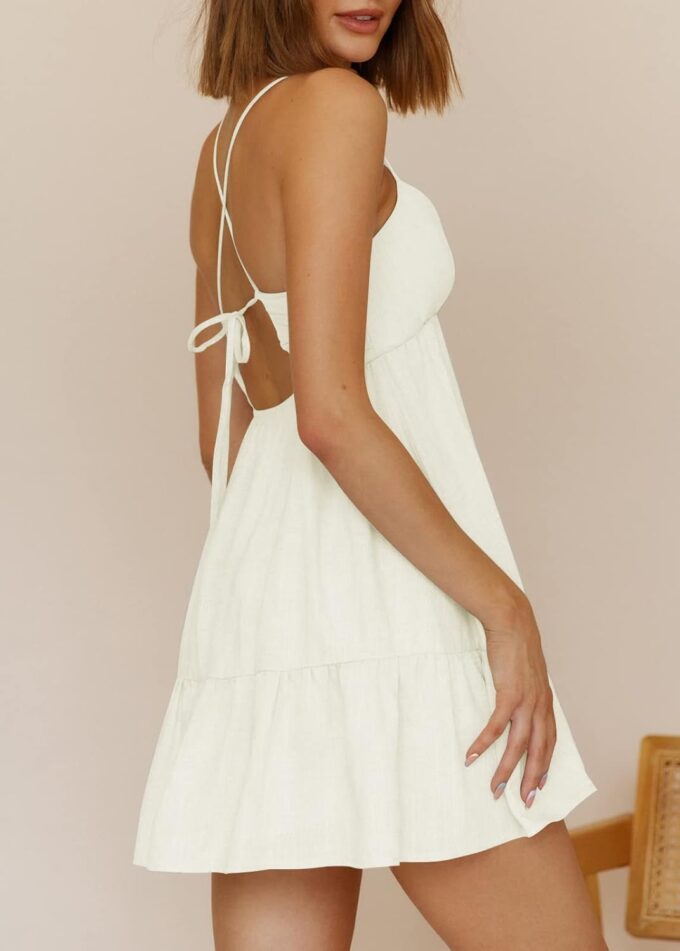 Womens V Neck Crisscross Backless Dresses Tie Back Sleeveless Ruffle Hem Flowy Swing A-Line Vintage Summer Mini Dress – Bild 2