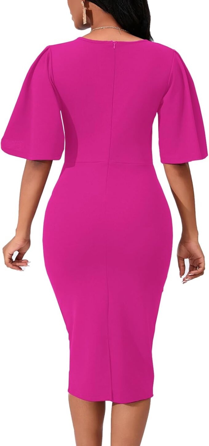 Damen Basic Bodycon Rüschen Ausgestelltes Kurzarm Bleistift Midi Kleid – Bild 2
