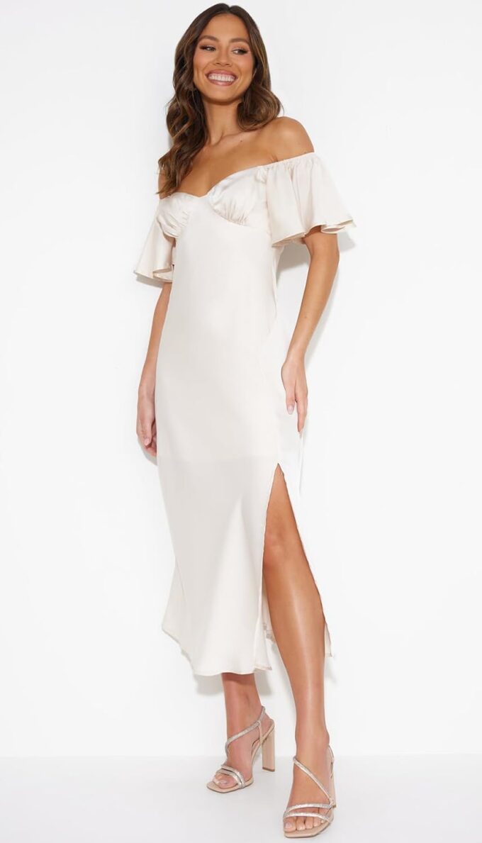 2025 Summer Women's Satin Off Shoulder Formal Dress Wedding Guest Elegant Butterfly Sleeve Split Cocktail Prom Midi Dresses – Bild 3