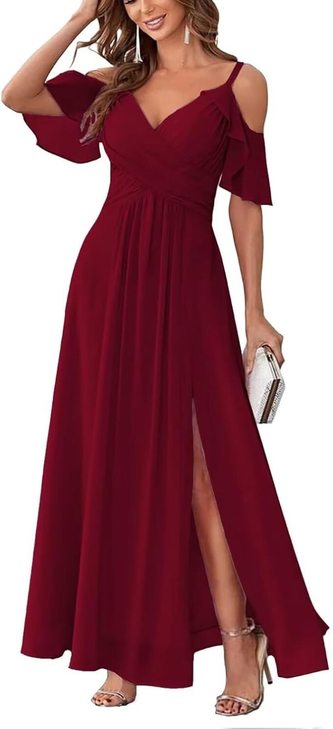 Damen Schulterfrei Brautjungfernkleider lang Chiffon plissiert formelle Abendkleider A Linie Spaghetti-träger Ballkleider – Bild 6