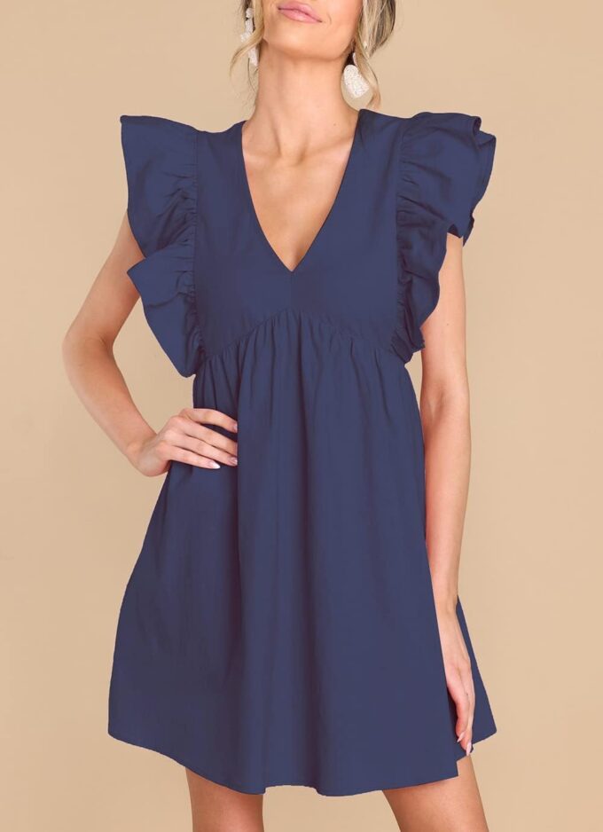 FANCYINN Women's Summer Casual Babydoll Mini Dress Ruffle Sleeveless Deep V Neck High Waist Swing Tunic Dress with Pockets – Bild 5