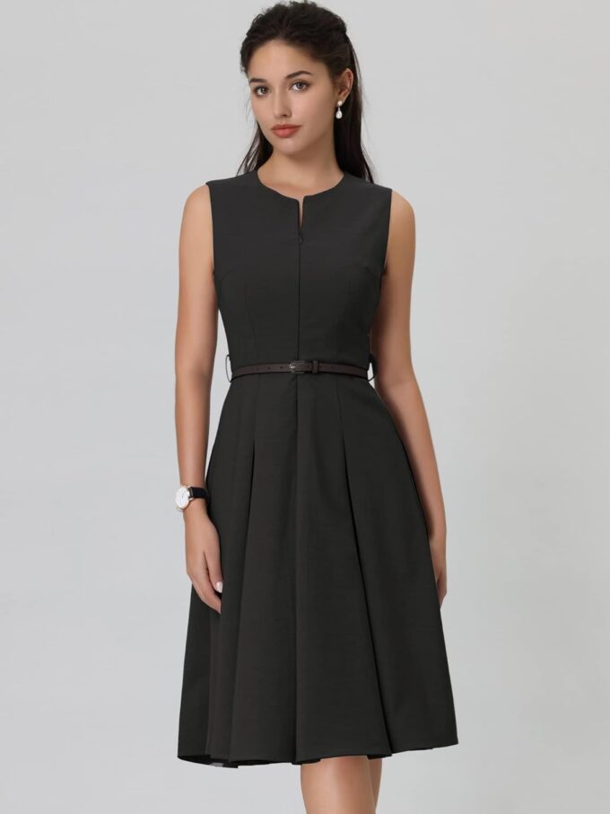 Hobemty Ärmelloses Damenkleid mit Reißverschluss, Gürtel, Passform und ausgestelltes Arbeitskleid – Bild 2