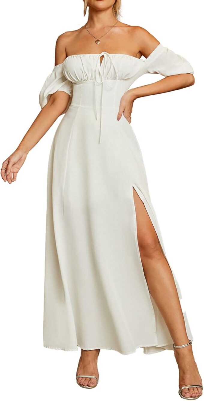 Women's Summer Puff Sleeve Floral Split Maxi Dress Flowy A Line Casual Beach Long Dresses 2025 – Bild 2