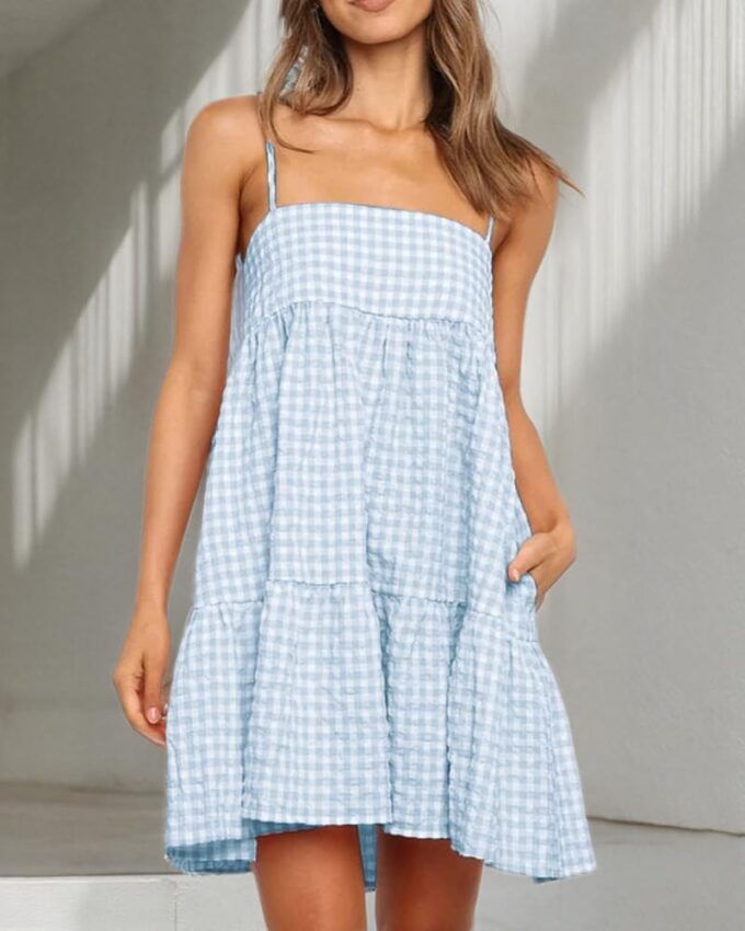 Womens Plaid A-line Dresses Shoulder Straps Ruffle Hem Casual Mini Dress with Side Pocket – Bild 6