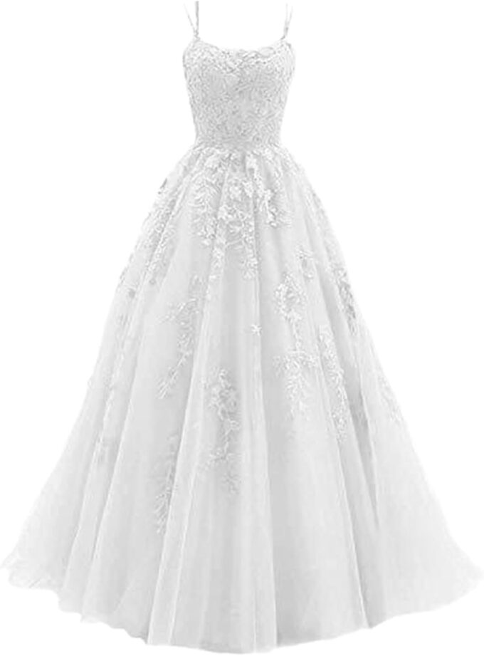 Ballkleid Damen Aus TüLl Mit SpaghettiträGern Lange Spitzenapplikationen Brautkleider - A Linie Formelle Party Abendkleider Ballkleider Lang Cocktailkleid Brautjungfernkleid