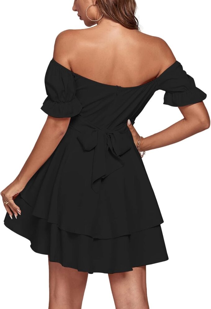 LYANER Women's Tie Back Off Shoulder Wrap Layer Ruffle Short Sleeve Mini Dress – Bild 2