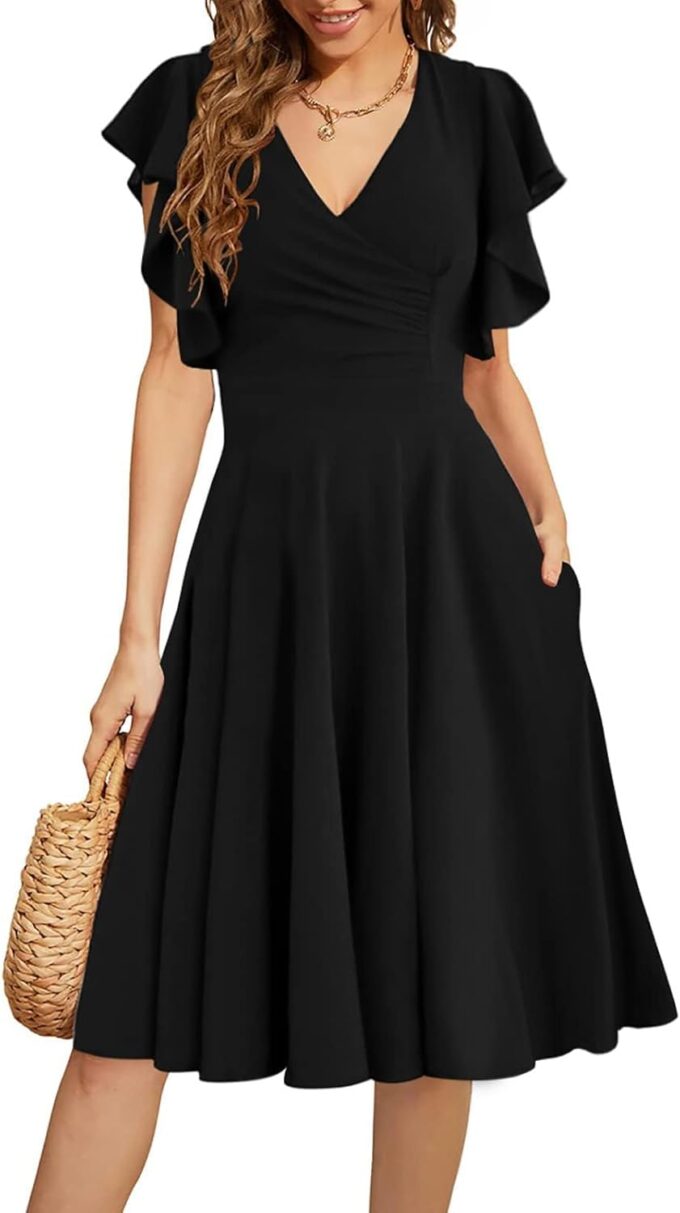 Women's Cocktail Dress Wrap V Neck Ruffle Short Sleeve A Line Work Formal Wedding Guest Midi Dress with Pockets – Bild 3