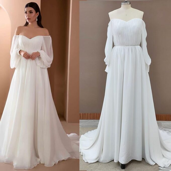 Brautkleid Lang Chiffon Abendkleider Elegant Für Hochzeit Hochzeitskleid Weiß Maxikleid Schulterfrei Brautjungfernkleider Festliches Cocktailkleid Rückenfrei Brautkleid Standesamt A Linie – Bild 6