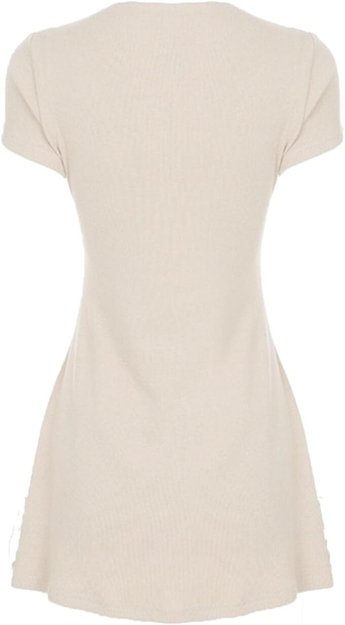 Women Sexy Deep V Neck Button Front Knit Mini Dress Elegant Short Sleeve Ribbed Flowy Hem A-Line Short Dress – Bild 6