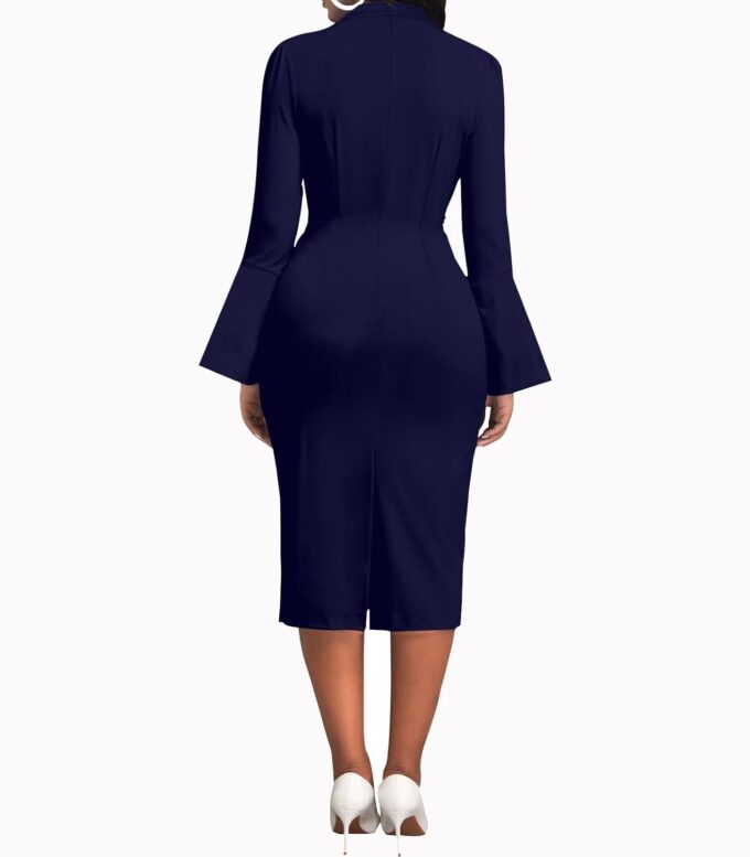 Kirchenkleider für Damen, ausgestellte Ärmel, V-Ausschnitt, Business-Kleidung, für die Arbeit, Vintage-Stil, mittelgroß, Bleistiftkleid, formelles Kleid mit Tasche – Bild 2
